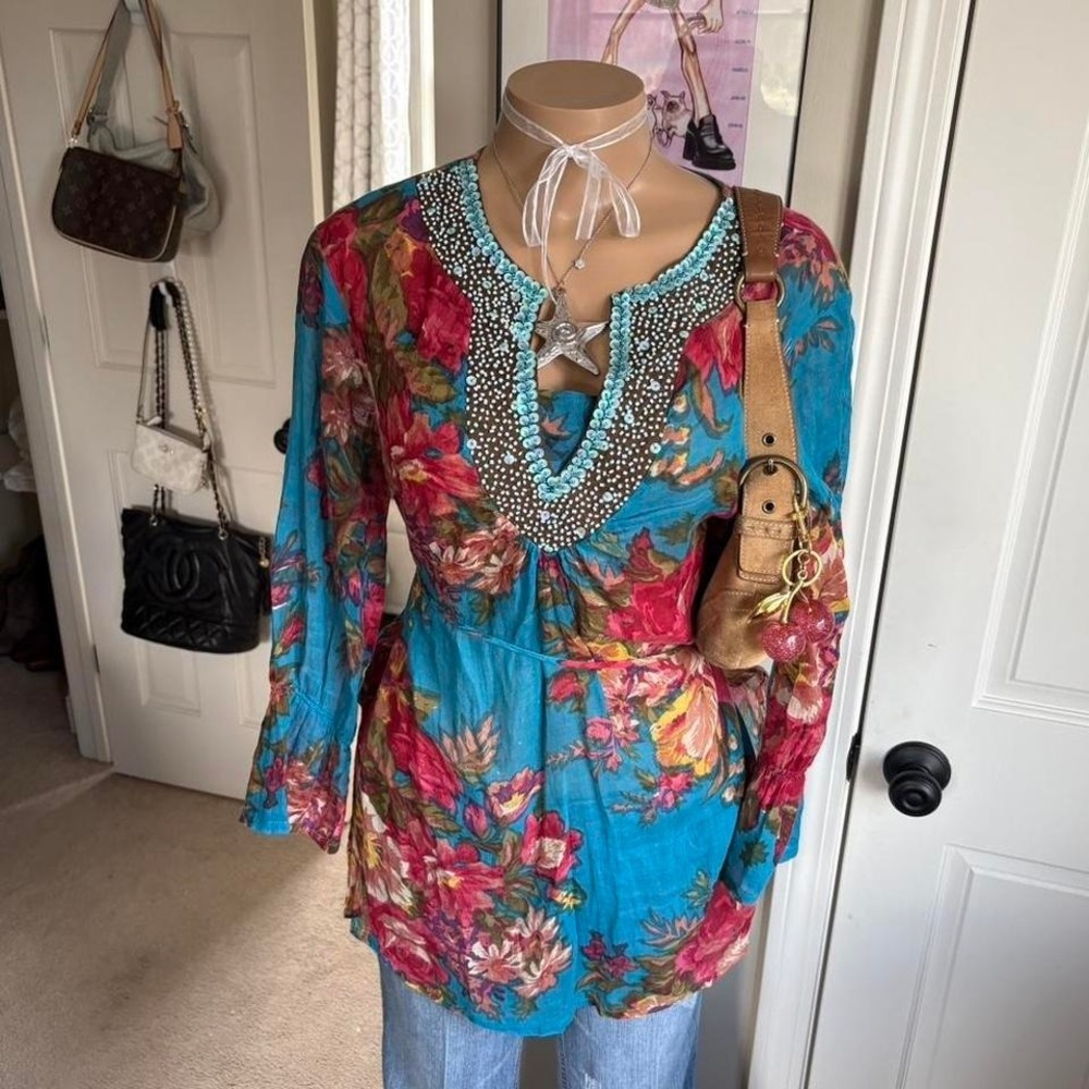 y2k 2000s avant garde sheer blue floral embellished blouse top